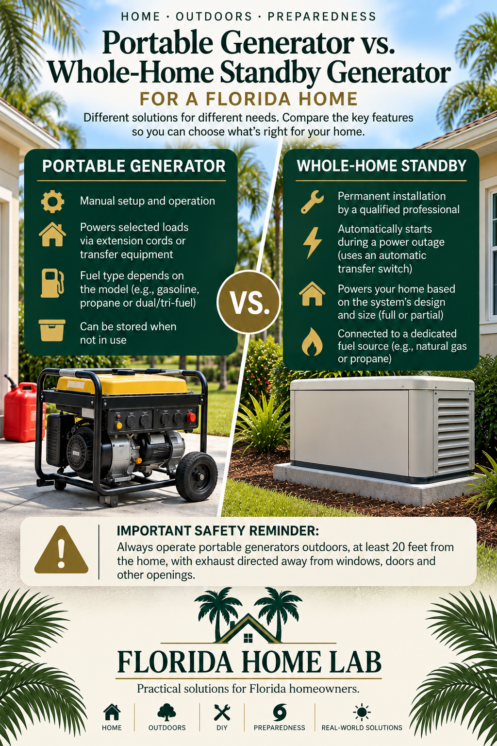 Portable generator versus whole-home standby generator comparison for a Florida home