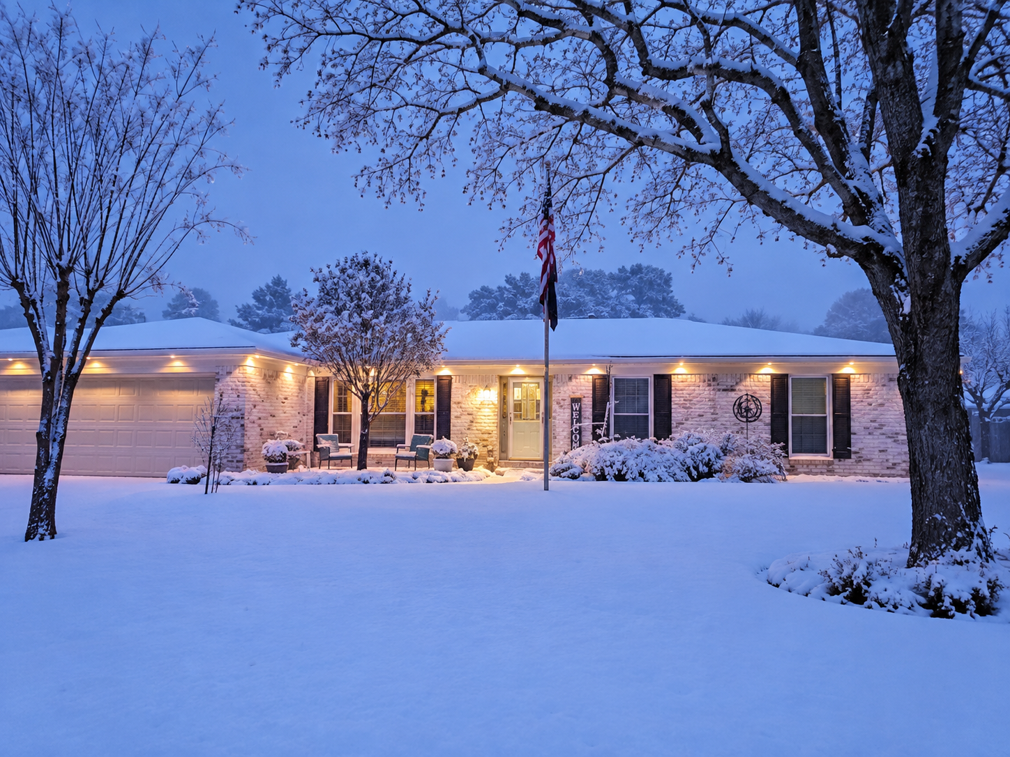 My Govee permanent outdoor lights illuminating the house during snowy winter weather